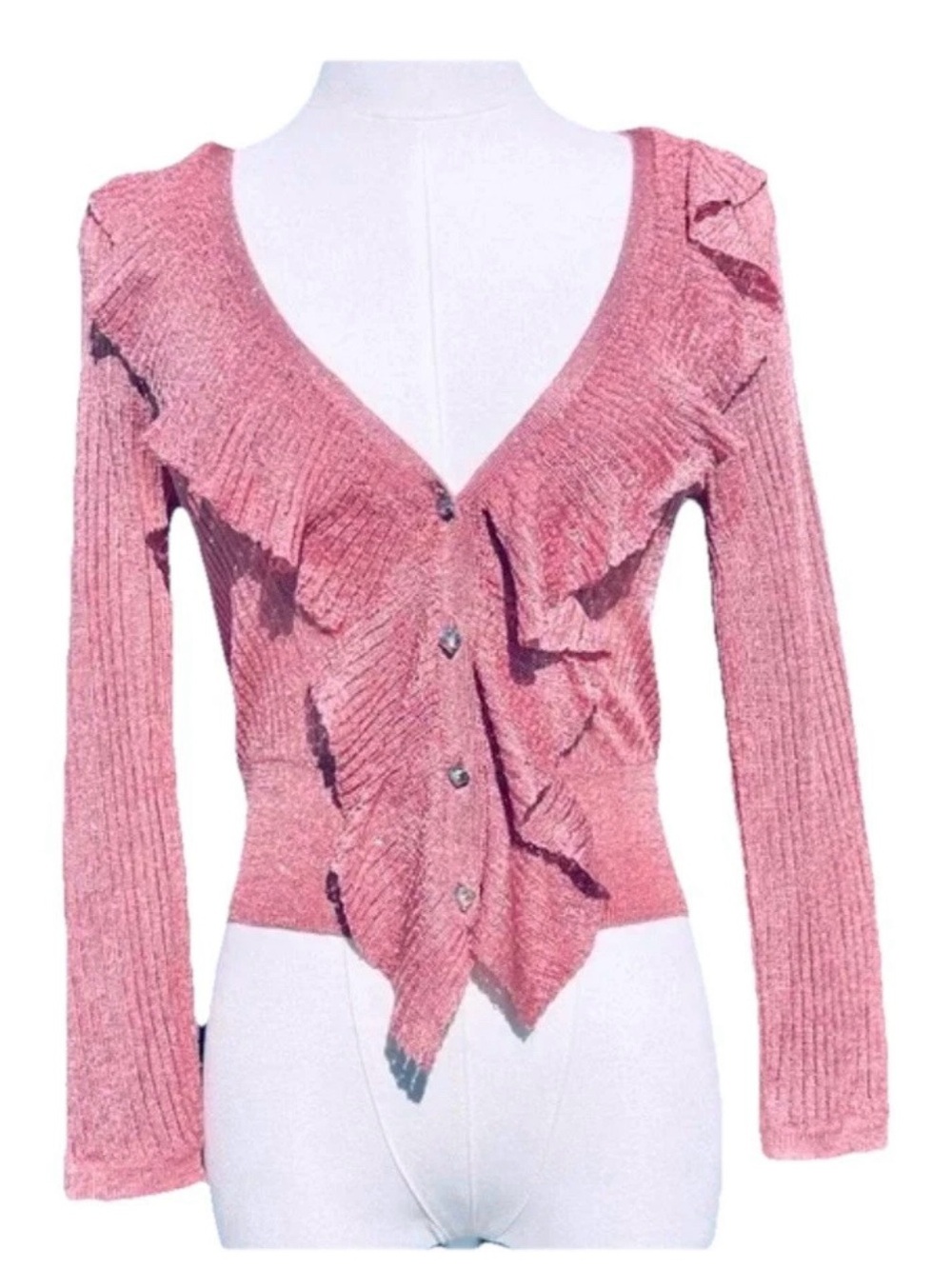 VTG Y2K Betsey Johnson Pink Metallic Shimmer Cardigan Sweater Cropped S Ruffle